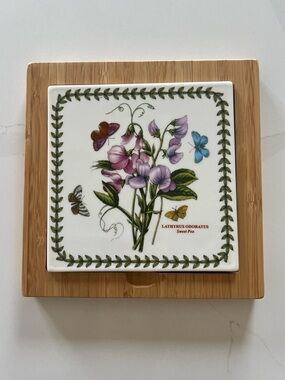 Portmeirion Sweet Pea Floral Ceramic Tile Pot Coaster - Green, Purple, Blue
